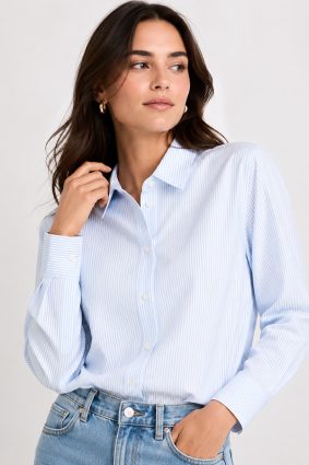 Herzens Blouse Azurro Superwhite fine blue and white striped button-through shirt with classic collar and tailored cuffs.