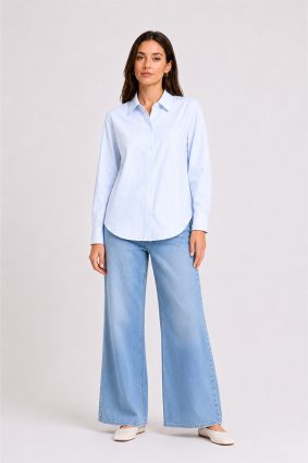 Herzens Blouse Azurro Superwhite fine blue and white striped button-through shirt with classic collar and tailored cuffs.