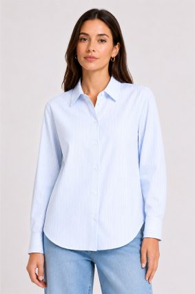 Herzens Blouse Azurro Superwhite fine blue and white striped button-through shirt with classic collar and tailored cuffs.