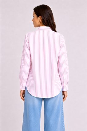 Herzens Blouse Candy Multi white cotton silk shirt with fine candy pink stripes, classic collar, and tailored cuffs.