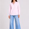 Herzens Blouse Candy Multi white cotton silk shirt with fine candy pink stripes, classic collar, and tailored cuffs.