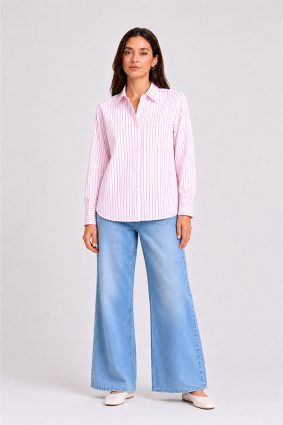 Herzens Blouse Candy Multi white cotton silk shirt with fine candy pink stripes, classic collar, and tailored cuffs.
