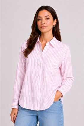 Herzens Blouse Candy Multi white cotton silk shirt with fine candy pink stripes, classic collar, and tailored cuffs.