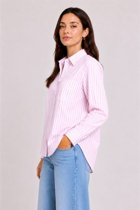 Herzens Blouse Candy Multi white cotton silk shirt with fine candy pink stripes, classic collar, and tailored cuffs.