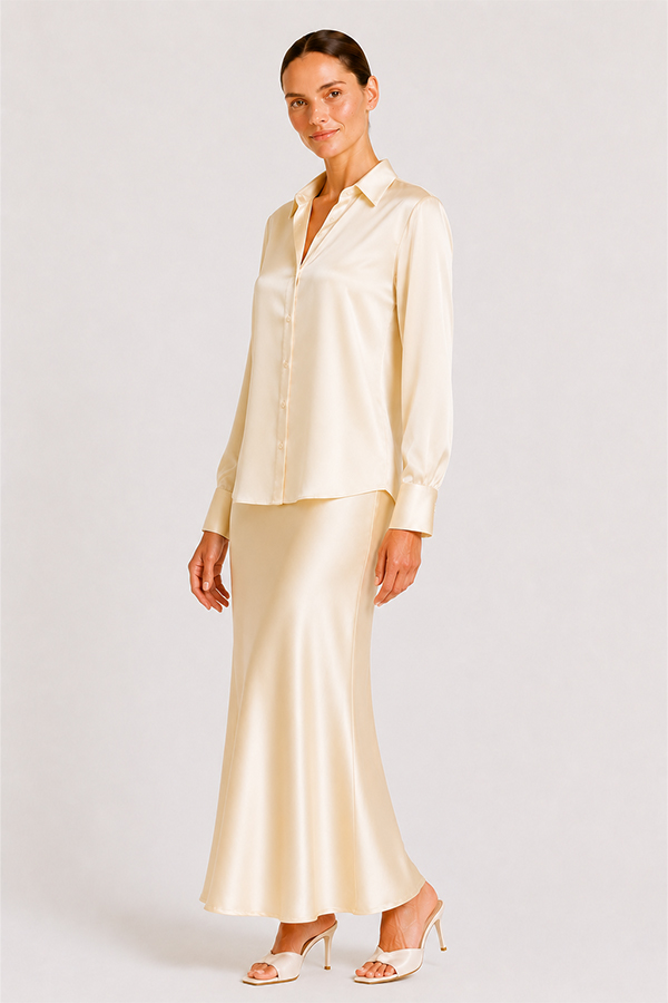 Herzens Collar Blouse Mozarella elegant soft off-white silk shirt with a classic pointed collar, concealed button front, and wide cuffs.