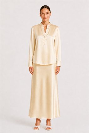 Herzens Skirt Mozarella elegant off-white satin bias-cut midi skirt with a fluid drape