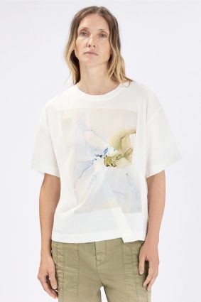 High Fronthy Jersey T-Shirt in 100% white cotton jersey showcasing a crew neck and a front gather detail.