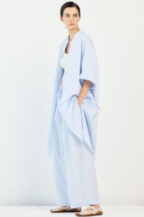 High Lab Sojourn Pant in striped cotton with drawstring waistband and slant pockets
