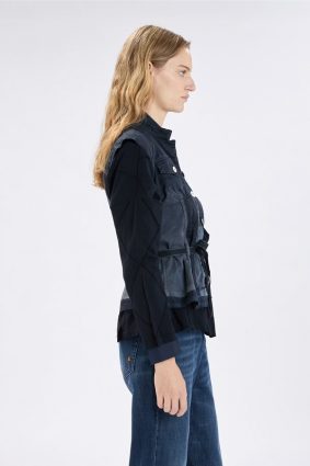 High Raise Up Waistcoat 289 in a fitted denim silhouette featuring flap chest pockets and a matching fabric waist belt.