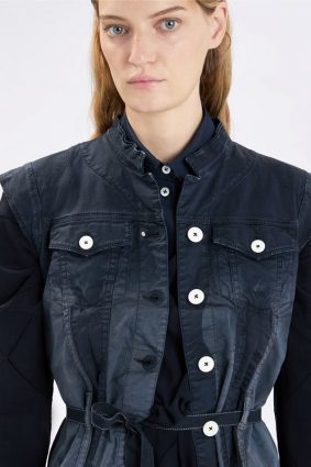 High Raise Up Waistcoat 289 in a fitted denim silhouette featuring flap chest pockets and a matching fabric waist belt.