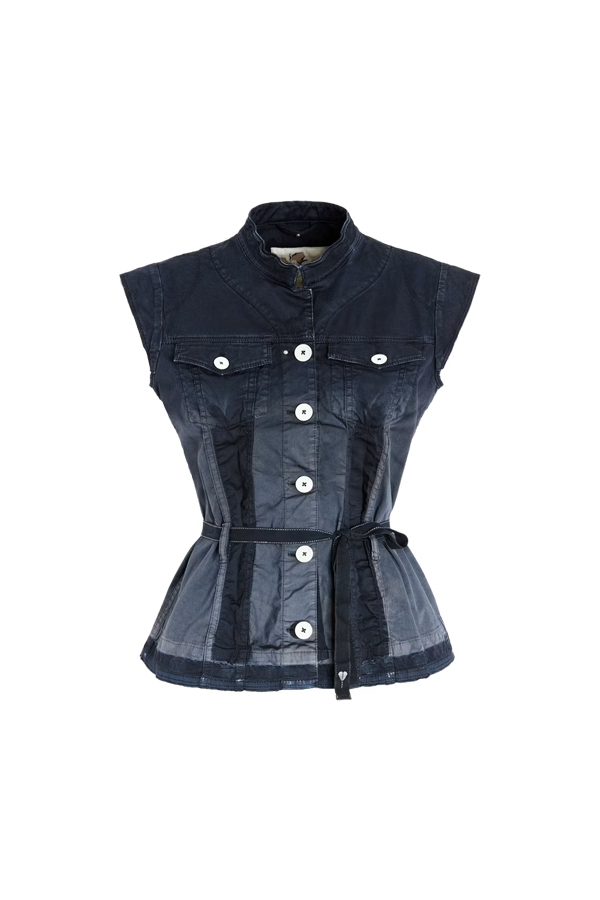 High Raise Up Waistcoat 289 in a fitted denim silhouette featuring flap chest pockets and a matching fabric waist belt.