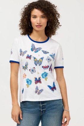 Johnny Was Contrast Binding T-Shirt Vanny in white featuring blue contrast neck and sleeve binding with embroidered butterflies and floral motifs.