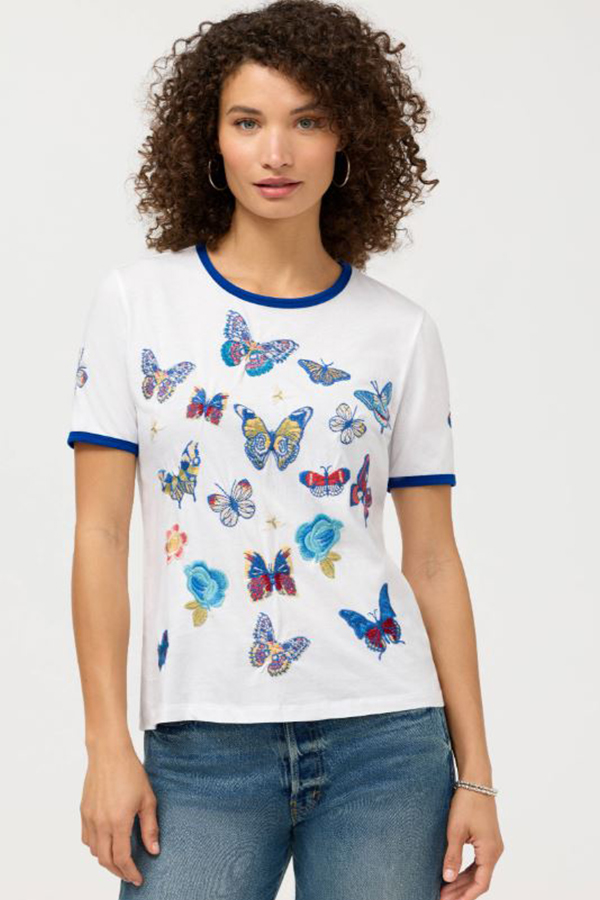 Johnny Was Contrast Binding T-Shirt Vanny in white featuring blue contrast neck and sleeve binding with embroidered butterflies and floral motifs.