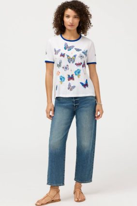 Johnny Was Contrast Binding T-Shirt Vanny in white featuring blue contrast neck and sleeve binding with embroidered butterflies and floral motifs.