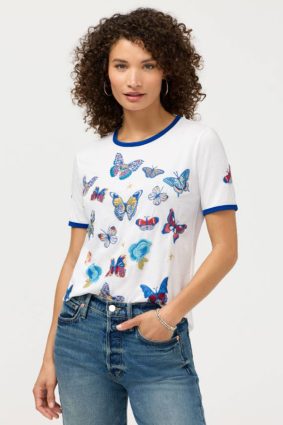 Johnny Was Contrast Binding T-Shirt Vanny in white featuring blue contrast neck and sleeve binding with embroidered butterflies and floral motifs.