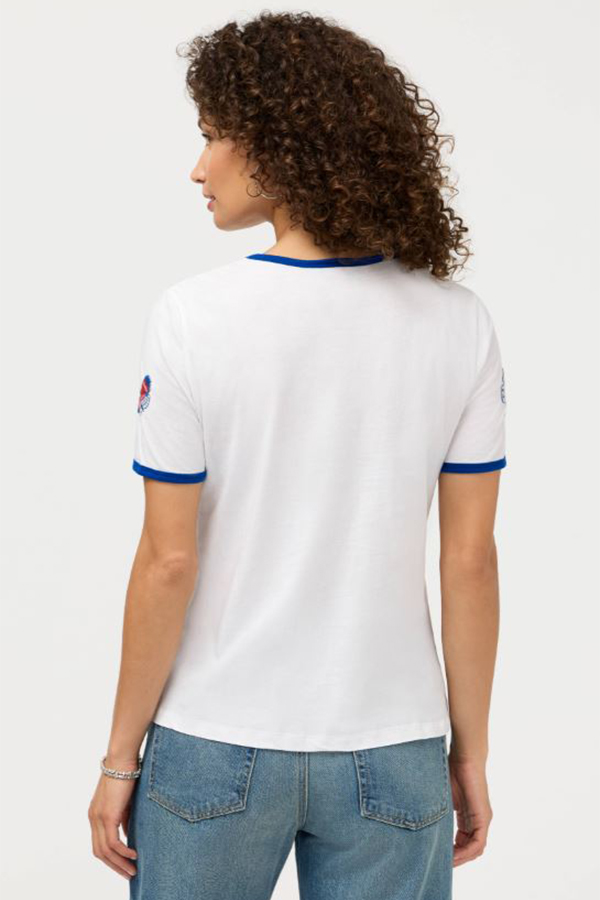 Johnny Was Contrast Binding T-Shirt Vanny in white featuring blue contrast neck and sleeve binding with embroidered butterflies and floral motifs.
