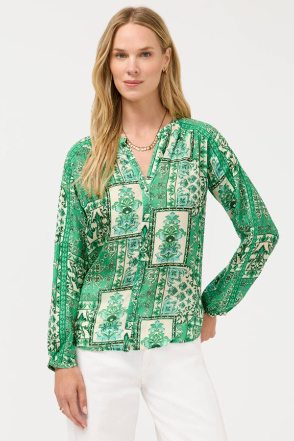Johnny Was Ellen Button Up Hollandia silk blouse, showcasing the ornate emerald green patchwork-inspired print and flowing silhouette
