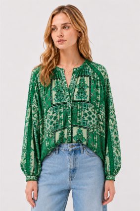 Johnny Was Ellen Button Up Hollandia silk blouse, showcasing the ornate emerald green patchwork-inspired print and flowing silhouette