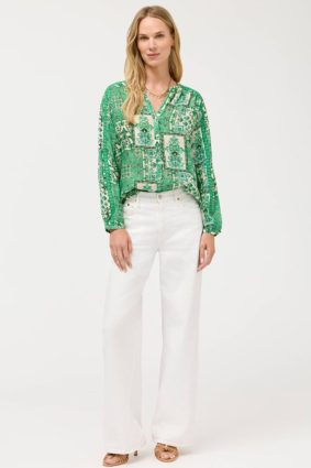 Johnny Was Ellen Button Up Hollandia silk blouse, showcasing the ornate emerald green patchwork-inspired print and flowing silhouette