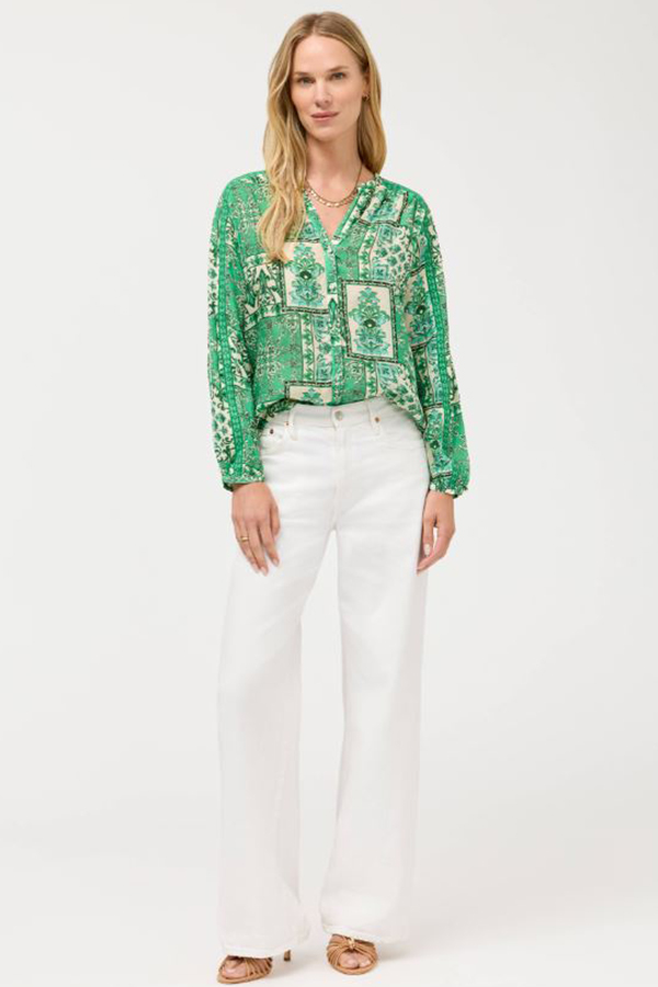 Johnny Was Ellen Button Up Hollandia silk blouse, showcasing the ornate emerald green patchwork-inspired print and flowing silhouette