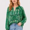 Johnny Was Ellen Button Up Hollandia silk blouse, showcasing the ornate emerald green patchwork-inspired print and flowing silhouette