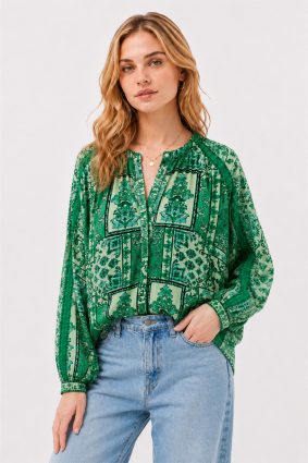 Johnny Was Ellen Button Up Hollandia silk blouse, showcasing the ornate emerald green patchwork-inspired print and flowing silhouette