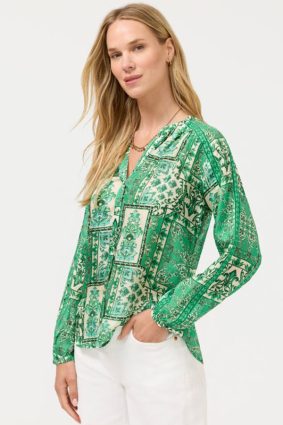 Johnny Was Ellen Button Up Hollandia silk blouse, showcasing the ornate emerald green patchwork-inspired print and flowing silhouette