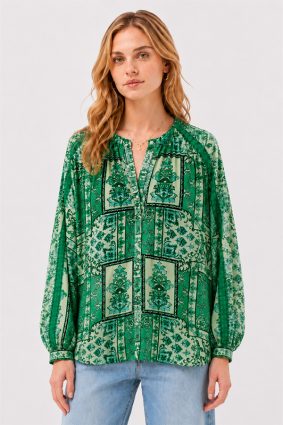 Johnny Was Ellen Button Up Hollandia silk blouse, showcasing the ornate emerald green patchwork-inspired print and flowing silhouette