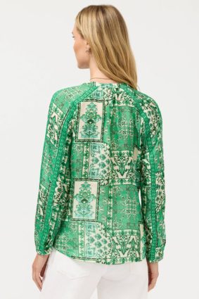 Johnny Was Ellen Button Up Hollandia silk blouse, showcasing the ornate emerald green patchwork-inspired print and flowing silhouette