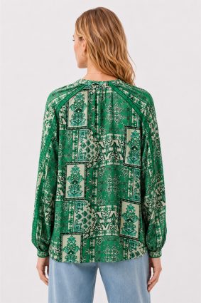 Johnny Was Ellen Button Up Hollandia silk blouse, showcasing the ornate emerald green patchwork-inspired print and flowing silhouette