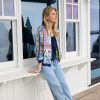 Johnny Was Kim Bomber Jacket Armeria, a luxurious reversible bomber jacket featuring vibrant patchwork-inspired prints, contrasting ribbed trims, and rich jewel-toned floral details.