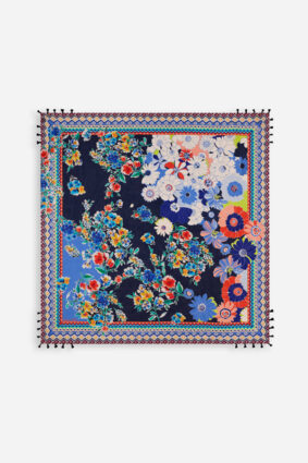 Johnny Was Tiana Silk Scarf with bold floral print and corner tassels.