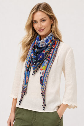 Johnny Was Tiana Silk Scarf with bold floral print and corner tassels.