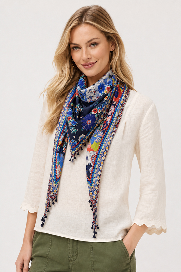 Johnny Was Tiana Silk Scarf with bold floral print and corner tassels.