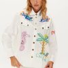 Me369 Adelyn oversized white cotton embroidered shirt with colorful palm tree and Florida motifs