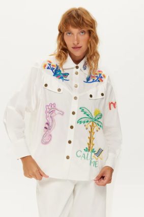 Me369 Adelyn oversized white cotton embroidered shirt with colorful palm tree and Florida motifs
