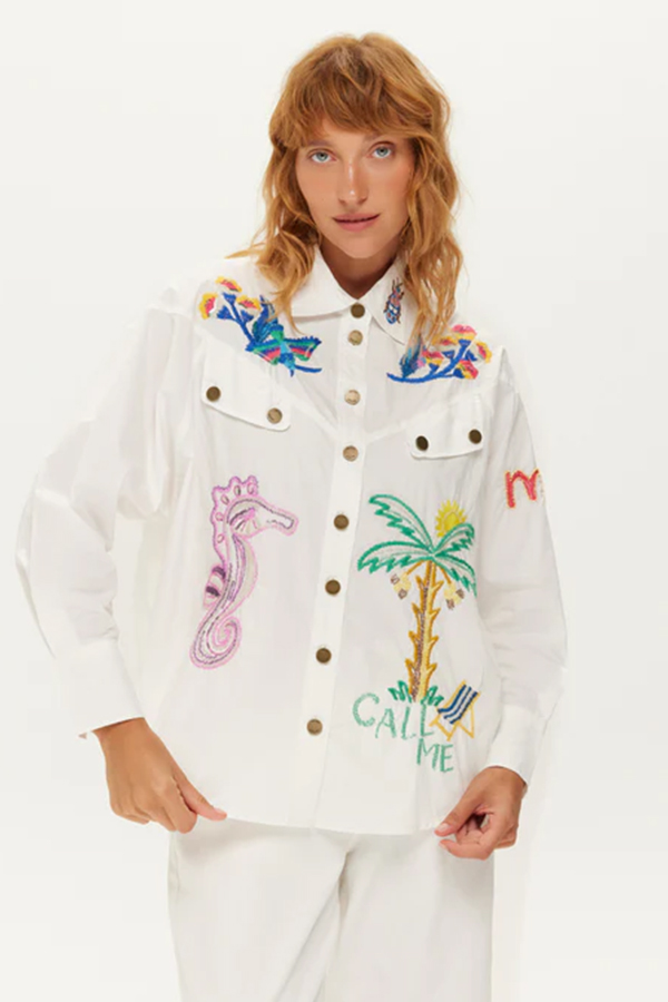 Me369 Adelyn oversized white cotton embroidered shirt with colorful palm tree and Florida motifs