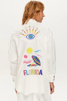 Me369 Adelyn oversized white cotton embroidered shirt with colorful palm tree and Florida motifs