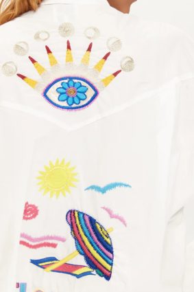 Me369 Adelyn oversized white cotton embroidered shirt with colorful palm tree and Florida motifs