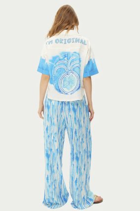 Me369 Aria cropped indigo linen shirt with white botanical prints