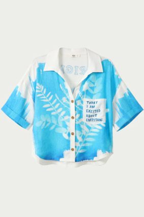 Me369 Aria cropped indigo linen shirt with white botanical prints