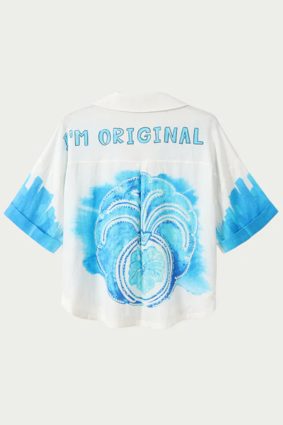 Me369 Aria cropped indigo linen shirt with white botanical prints