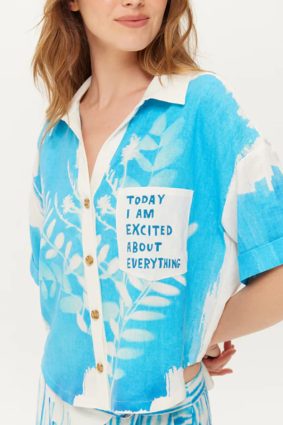Me369 Aria cropped indigo linen shirt with white botanical prints