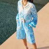 Primary/Descriptive: Me369 Ayla tie front indigo shirt with white floral embroidery and checkerboard sleeves