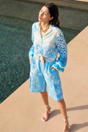 Primary/Descriptive: Me369 Ayla tie front indigo shirt with white floral embroidery and checkerboard sleeves