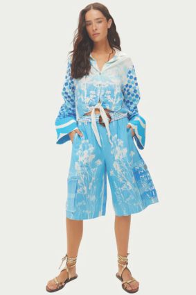 Primary/Descriptive: Me369 Ayla tie front indigo shirt with white floral embroidery and checkerboard sleeves