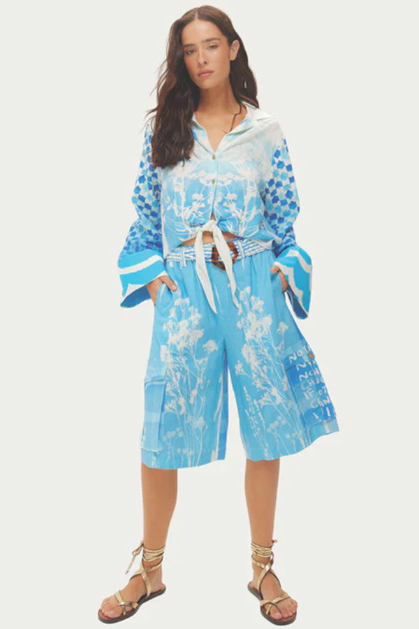 Primary/Descriptive: Me369 Ayla tie front indigo shirt with white floral embroidery and checkerboard sleeves