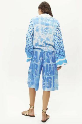 Primary/Descriptive: Me369 Ayla tie front indigo shirt with white floral embroidery and checkerboard sleeves
