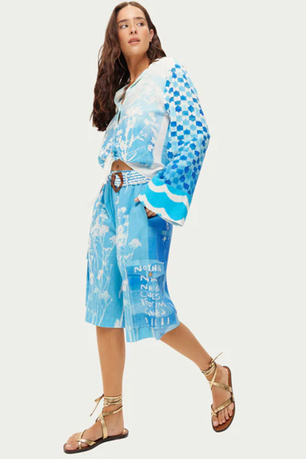 Primary/Descriptive: Me369 Ayla tie front indigo shirt with white floral embroidery and checkerboard sleeves