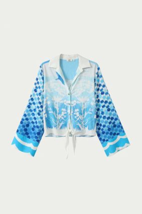 Primary/Descriptive: Me369 Ayla tie front indigo shirt with white floral embroidery and checkerboard sleeves